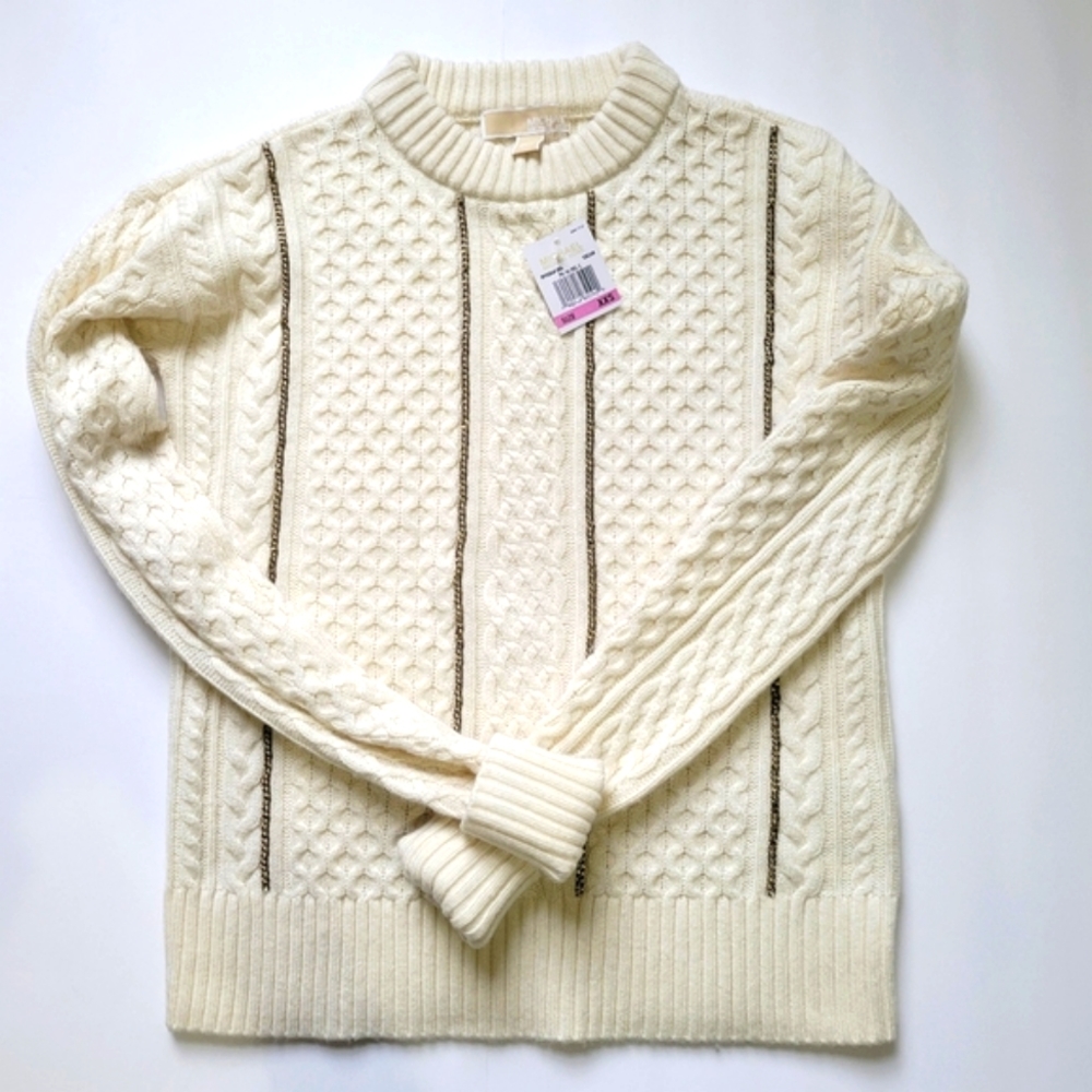 Cozy Michael Kors Cream Winter White Cable Knit Chain Sweater Size XXS